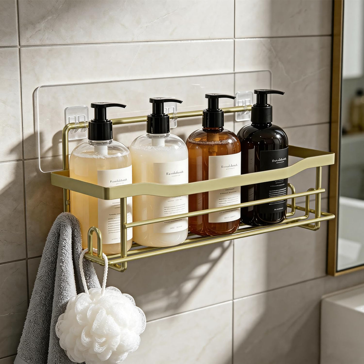 BATHDESIGN Shower Caddy Organizer, Single Pack, Shelves for Shampoo Soap, Waterproof Adhesive Holder, No Drilling, Wall Mounted Self, Matte Gold