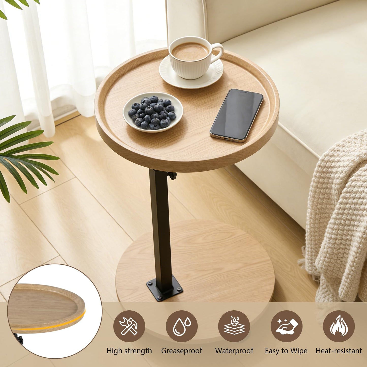 YYW C Shaped End Table Adjustable Height, Couch Tables That Slide Under for Small Spaces, 360°Swivel TV Tray Table