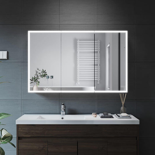ELEGANT LED Bathroom Mirror Cabinet, Illuminated Wall Mounted Cabinet with Bluetooth Speaker and Shaver Socket Triple Door 1050 x 650mm Storage