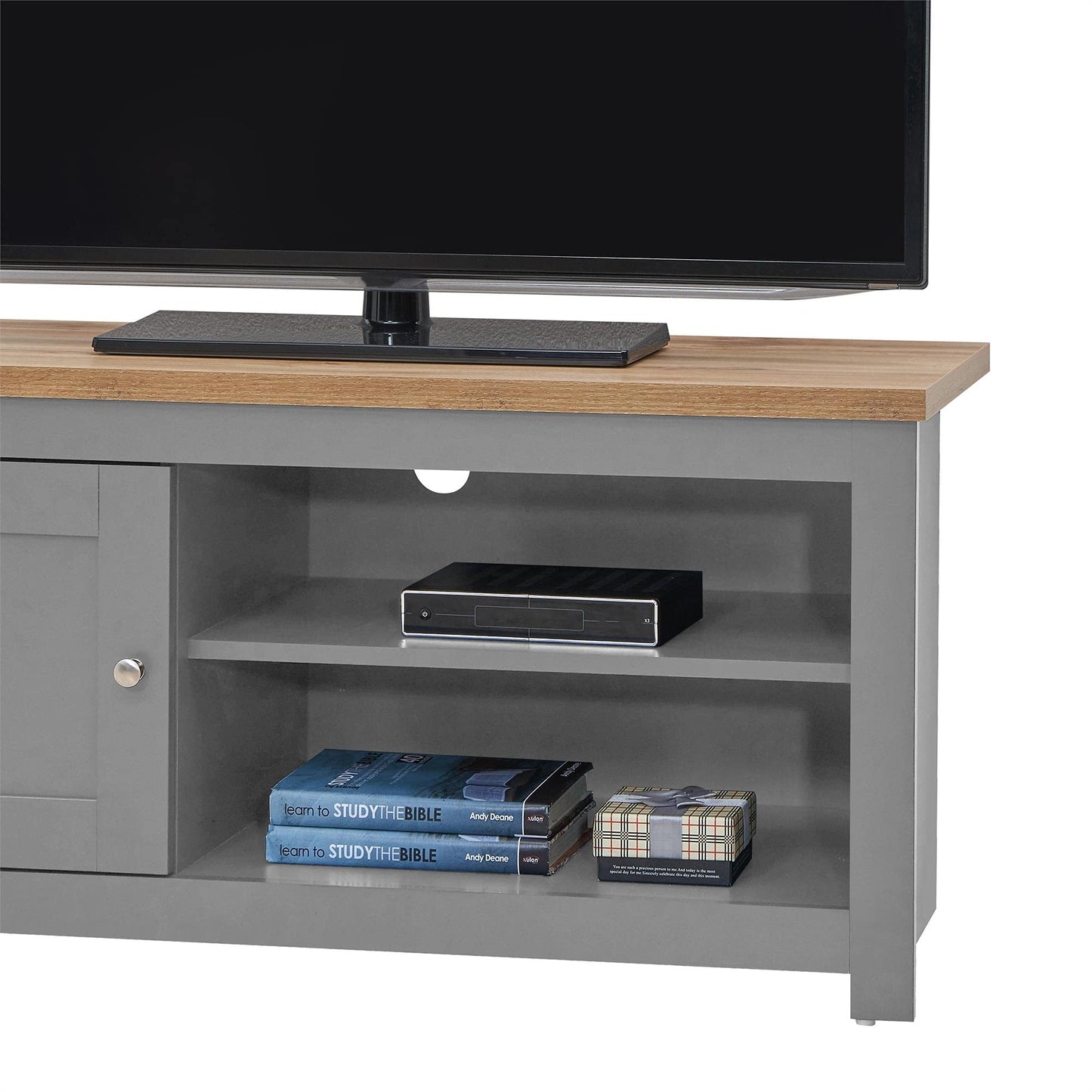 Timber Art Design UK TV Unit Cabinet Storage Stand With 2 Open Shelves Media Devices Modern Furniture Living Room, Light Grey - 50 x 99 x 40 cm