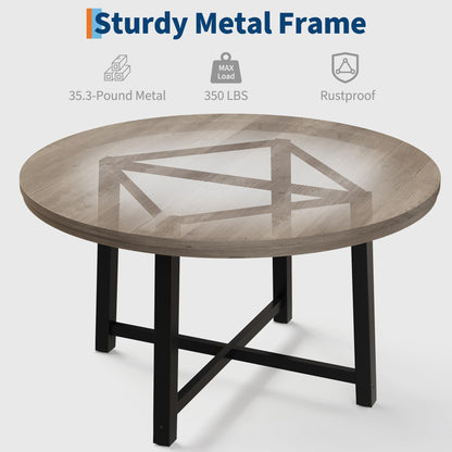 47 in Round Dining Table, Industrial Dinner Table for 4 to 6, Wooden Kitchen Table with Sturdy Metal Frame & Rustic Light Oak Finish