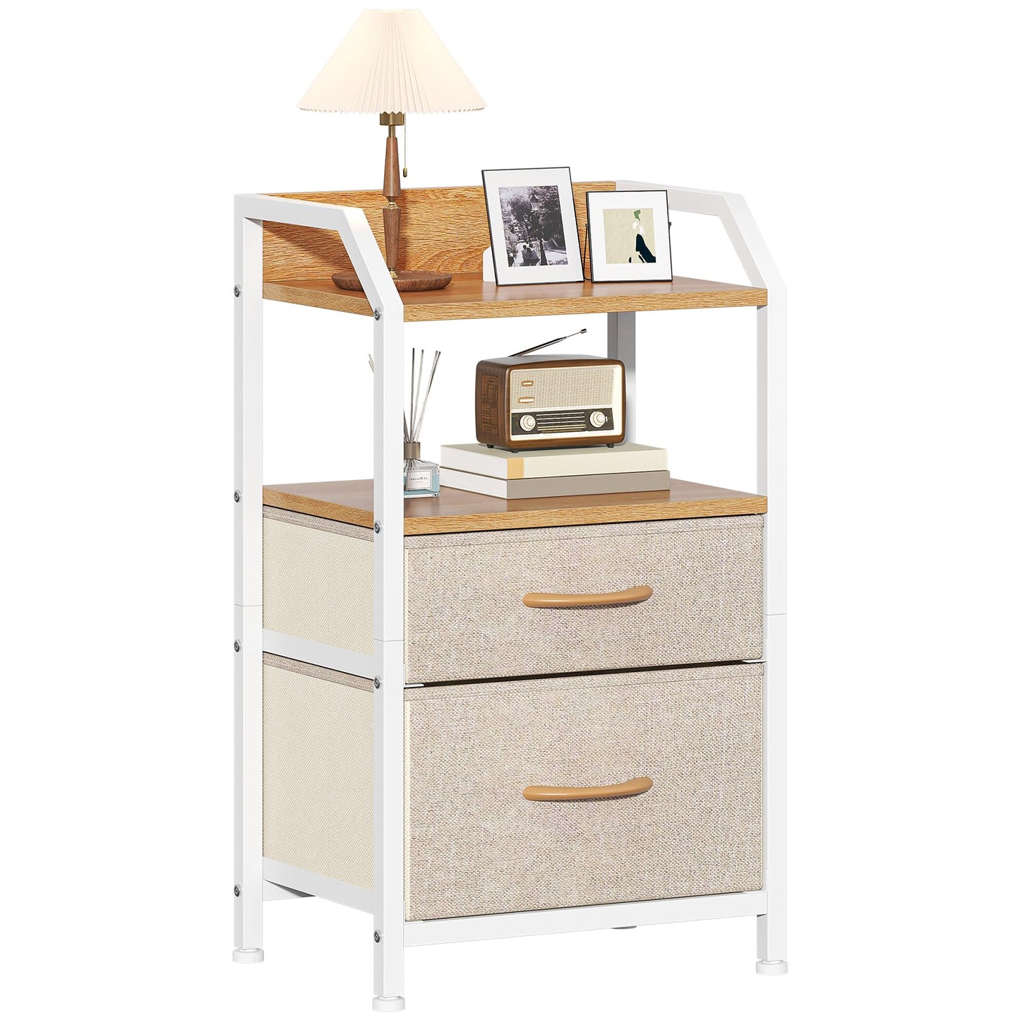 Feonase Bedside Table with 2 Fabric Drawers & Open Shelf - Sturdy Metal Frame Nightstand, Compact End Table for Bedroom, Living Room, Small Spaces