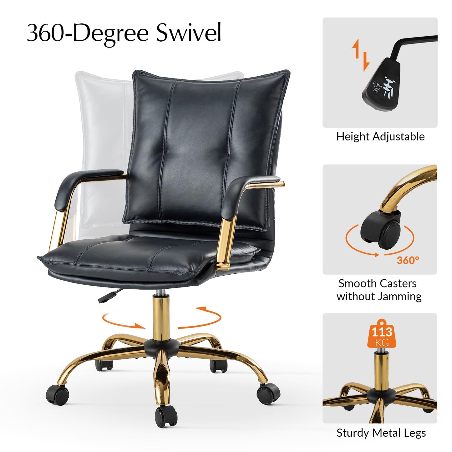 HULALA HOME Faux Leather Home Office Chair with Gold Base and Arms, Black