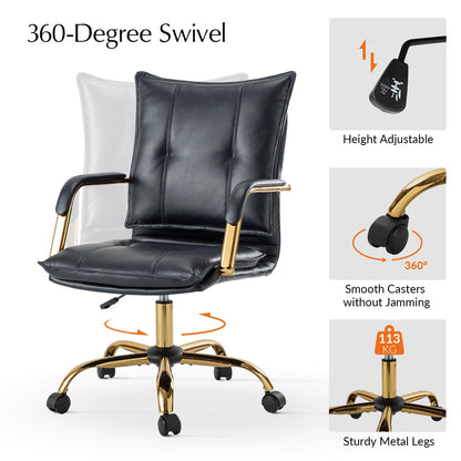 HULALA HOME Faux Leather Home Office Chair with Gold Base and Arms, Black