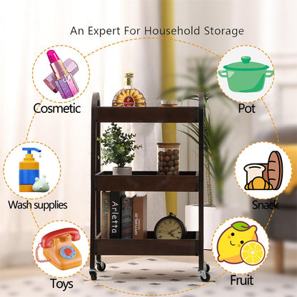 lamde 3-Tier Wooden Rolling Cart- Wooden Utility Cart wit Wheels- Utility Rolling Cart-Storage Trolley Organizer- Rolling Kitchen Cart Serving Cart