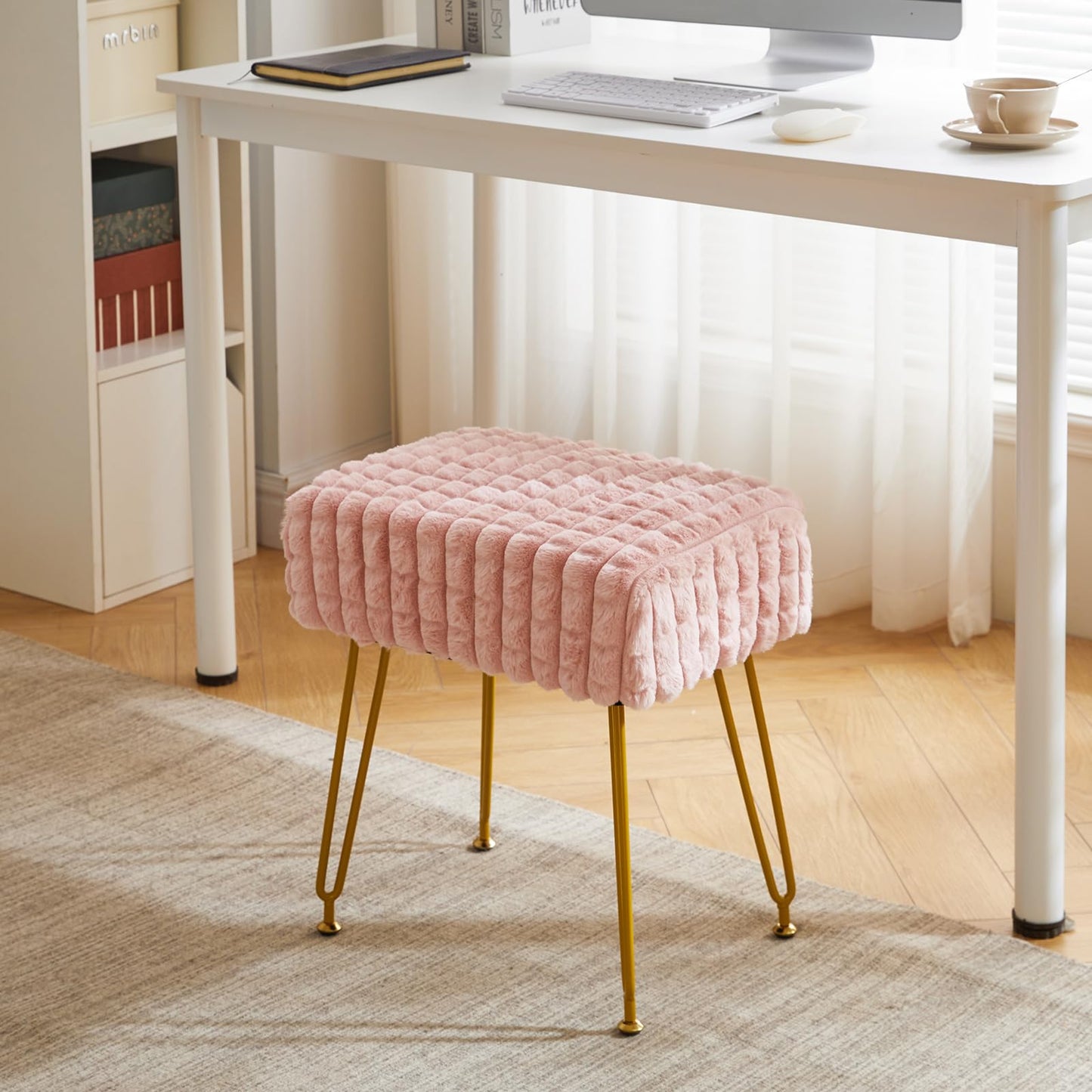 IBUYKE Makeup Vanity Chair, Rectangular Footrest Stool, Pink WBD003P