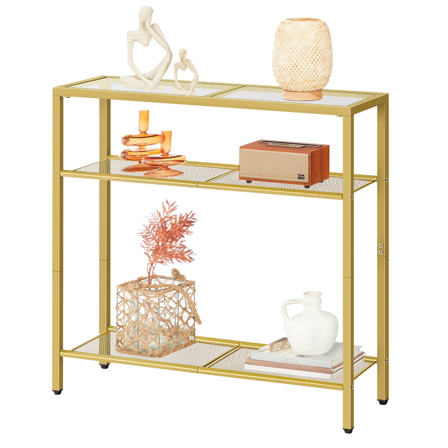 HOOBRO 3-Tier Gold Console Table, Tempered Glass Sofa Table, Narrow Side Table, Modern Hallway Table, for Living Room, Foyer, Hallway, Bedroom