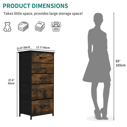 YITAHOME Chest of Drawer with 5 Drawers for Bedroom Fabric Dresser Storage Drawers With Handles Metal Frame for Living Room, Hallway,Rustic Brown