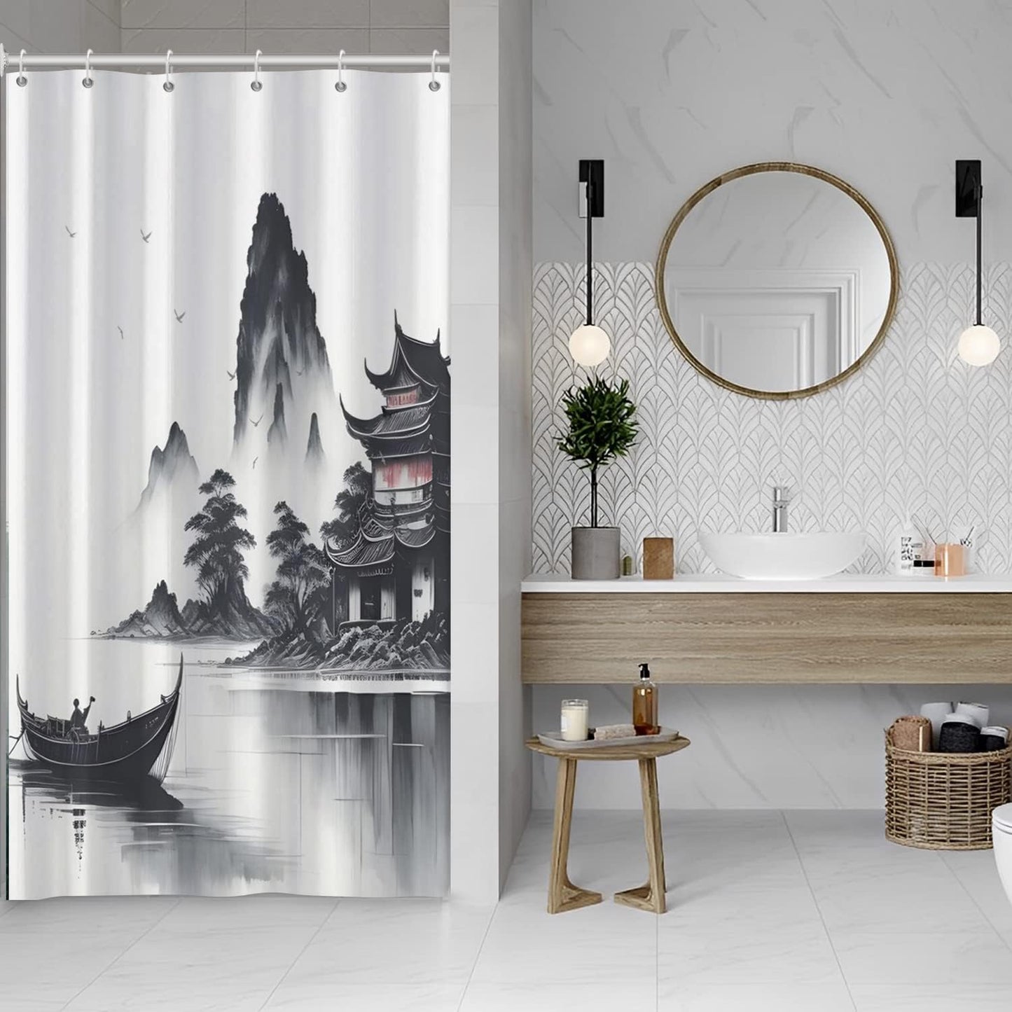 SDOTPMT 90x180cm Japanese Asian Ink Painting Shower Curtain Foggy Mountain Boat Wild Goose Bathtub Curtain Outdoor Natural Scenery Bath Curtain for