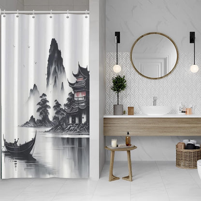 SDOTPMT 90x180cm Japanese Asian Ink Painting Shower Curtain Foggy Mountain Boat Wild Goose Bathtub Curtain Outdoor Natural Scenery Bath Curtain for