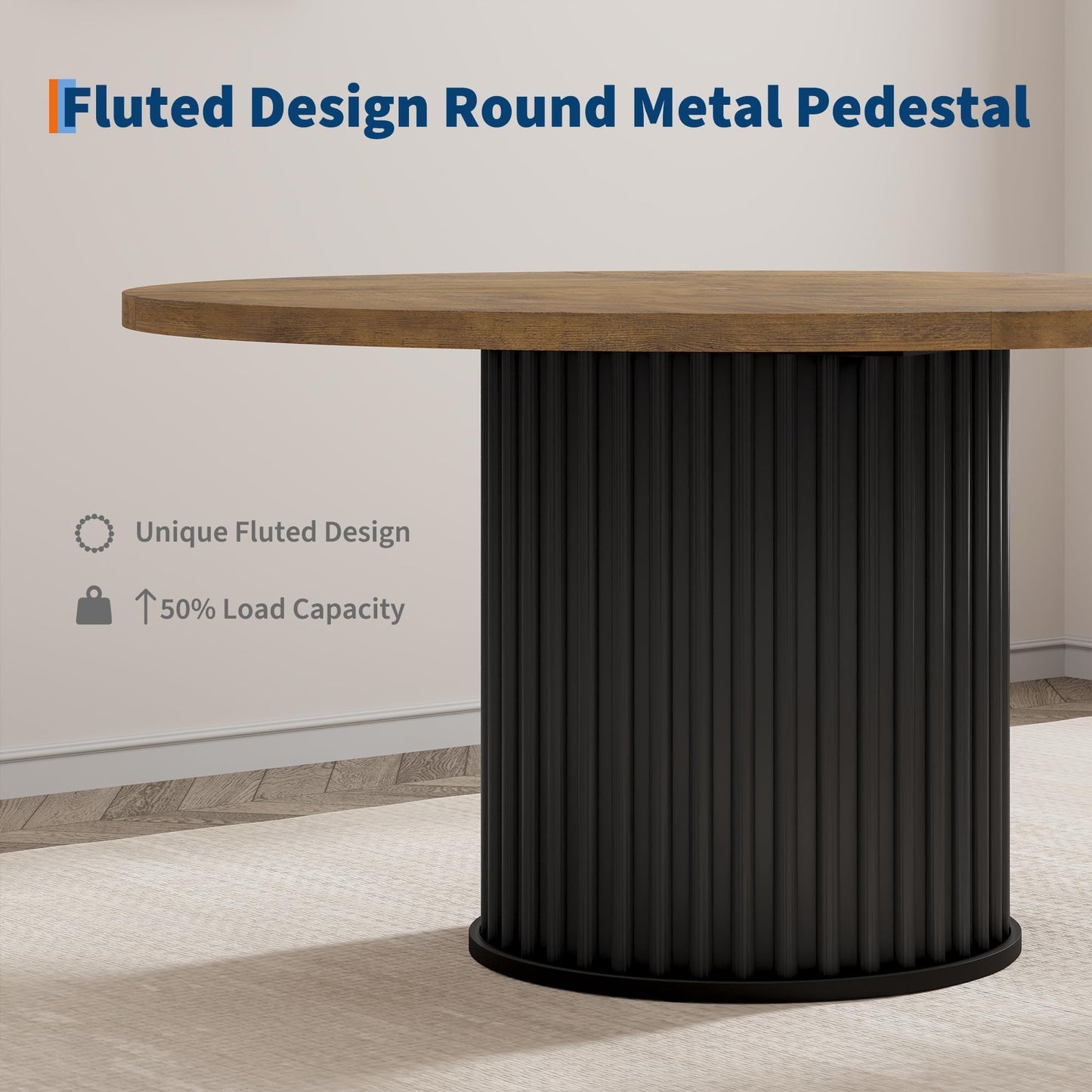 Crevyteg 47" Round Dining Table for 4-6 People, Dining Room Table with Sturdy Waveform Metal Pedestal Base