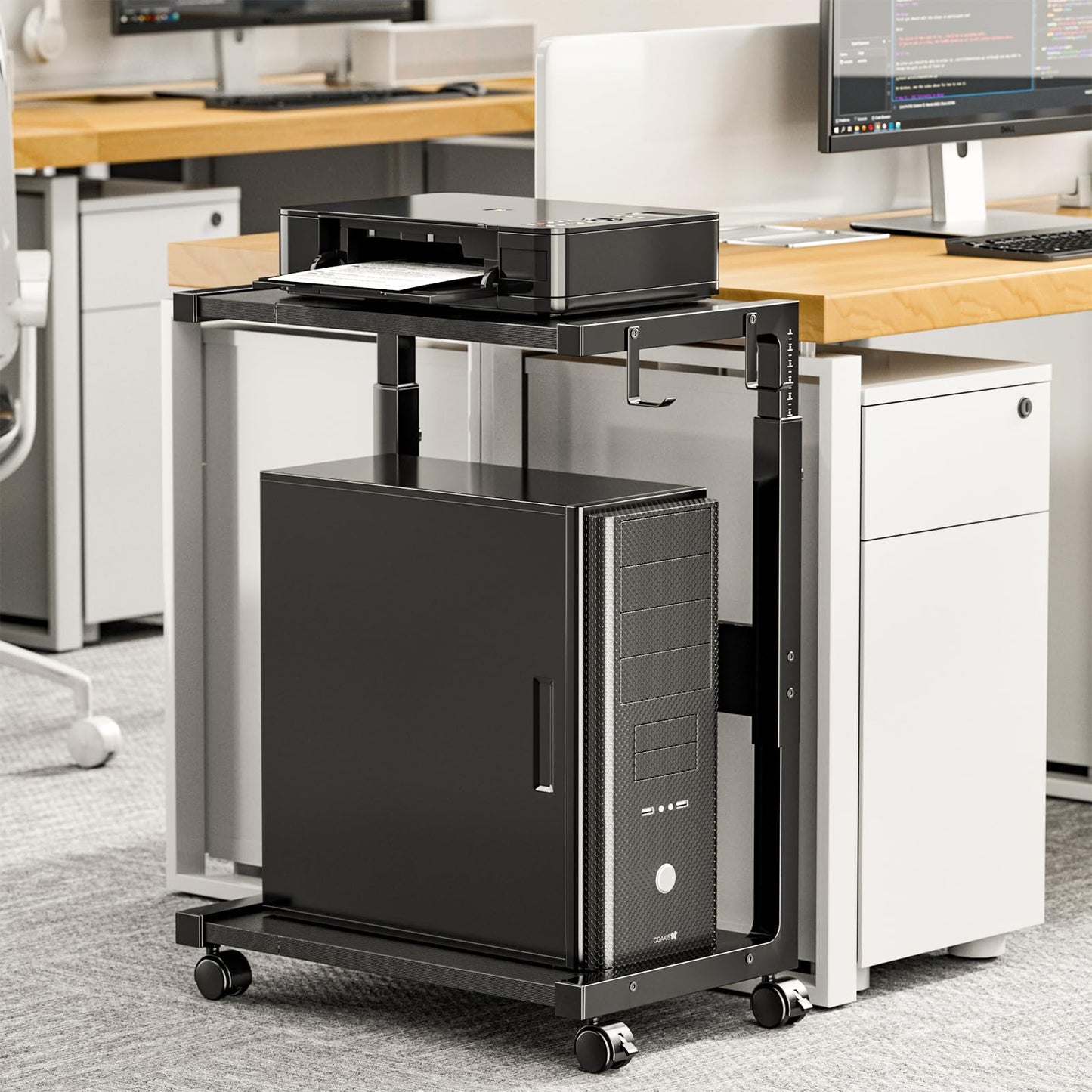 Computer Tower Stand, Adjustable 2-Tier CPU Holder Cart with Wheels