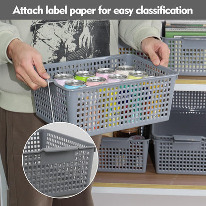 Afromy Set of 3 Plastic Storage Baskets, Rectangular Weave Storage Basket Bin, Grey