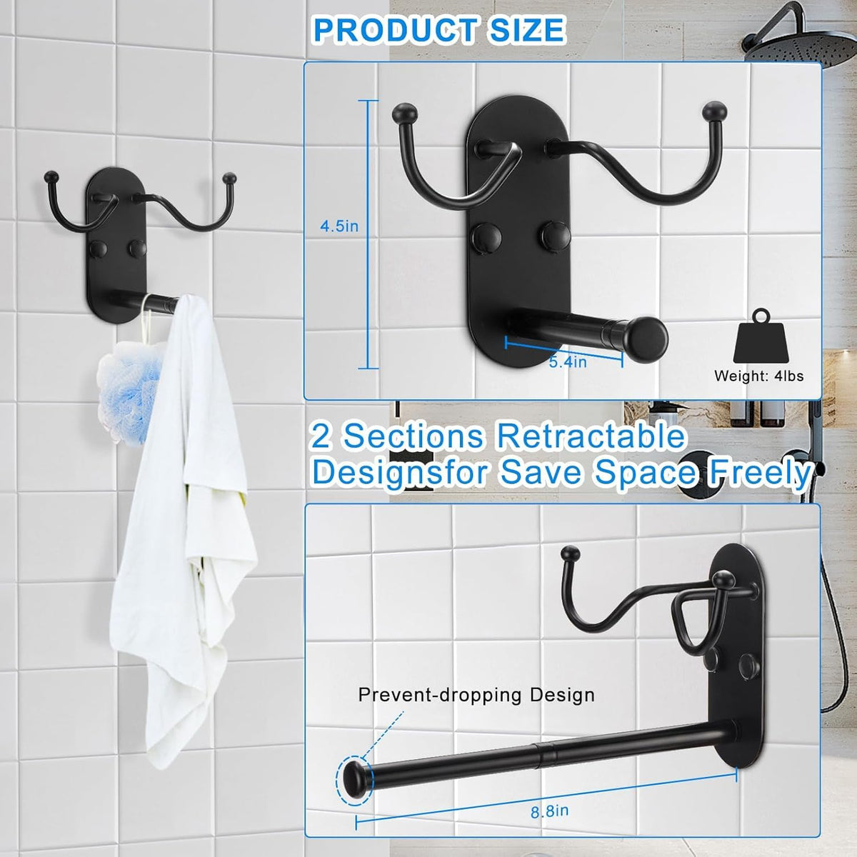 Retractable Clothes Hanger Storage Organiser Rack with Double Coat Hooks ,Wall Mounted Metal Clothes Hanger Hooks