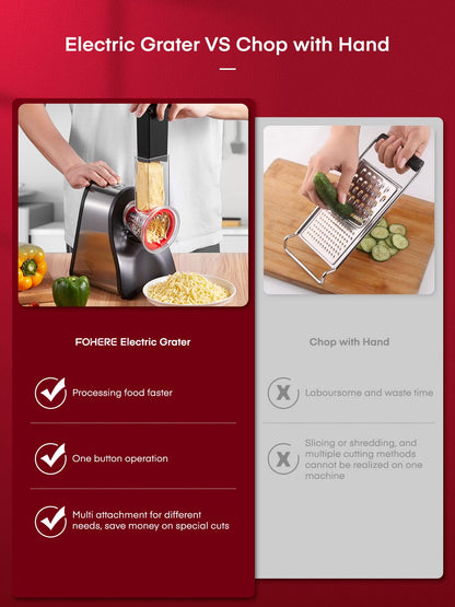 FOHERE 4 in 1 Electric Vegetable Grater 150W Electric Grater for Fruit and Vegetables, Multi Salad Maker with 4 Interchangeable Cones Ideal for