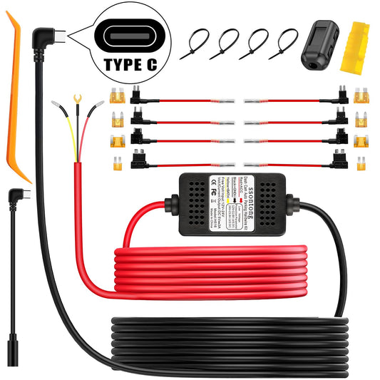 Dash Cam Hardwire Kit, ACC Hardwire Kit for Dash Camera Type C 3-Lead Hard Wire Kit 12V-24V to 5V USB-C Hard Wire Kit w/Low Voltage Protection 13ft