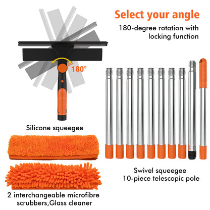 Window Cleaning Squeegee & Washer Set, 2-in-1 Window Cleaning Equipment with 4.5m(14.8Ft) Extendable Pole & 400ml Glass Cleaner,Streak-Free Cleaning