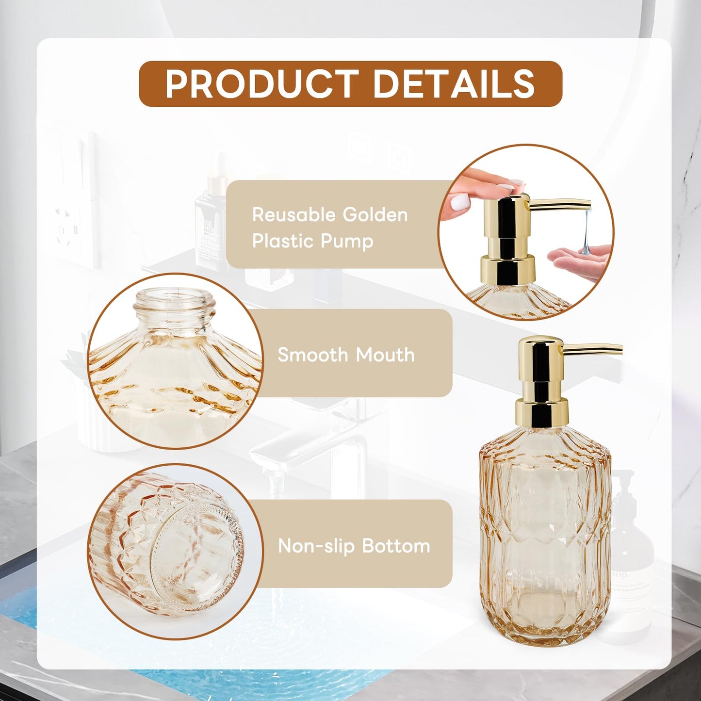 2 Pcs Glass Soap Dispenser with Pump, 13.5 Oz/400 ml Washing up Liquid Dispenser, BPA Free Refillable Non-slip Pump Bottle for Shampoo