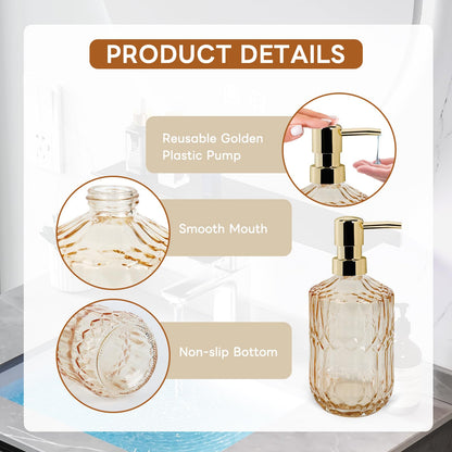 2 Pcs Glass Soap Dispenser with Pump, 13.5 Oz/400 ml Washing up Liquid Dispenser, BPA Free Refillable Non-slip Pump Bottle for Shampoo