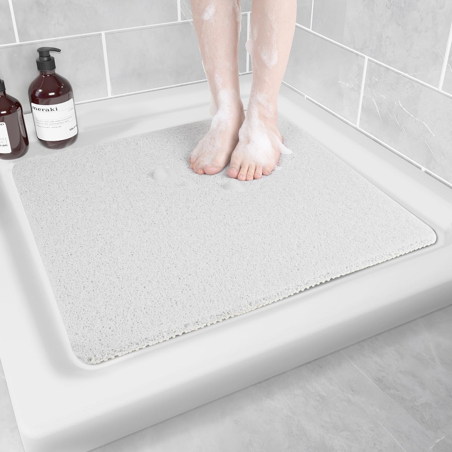 Shower Mat Non Slip Anti Mould: Bath Mats for Inside Bath- 60 x 60 cm Anti Slip Shower Mats for Inside Shower- Loofah Shower Mat White Square Washable