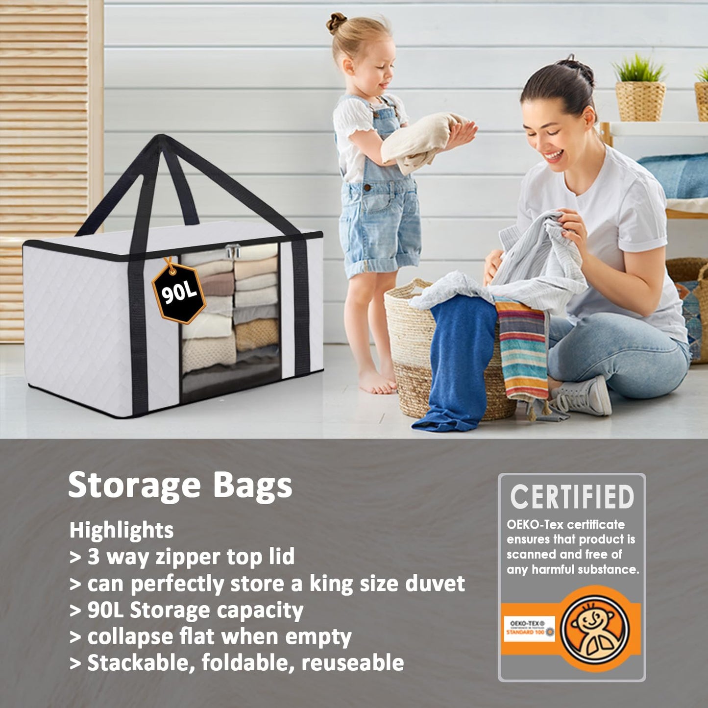 KURNI Storage Bags | Clothes Organizer Boxes, Foldable 6 Pack White, 90L Capacity, 3 Sided Zipper Moving Large Bag. Dust & Moisture Proof