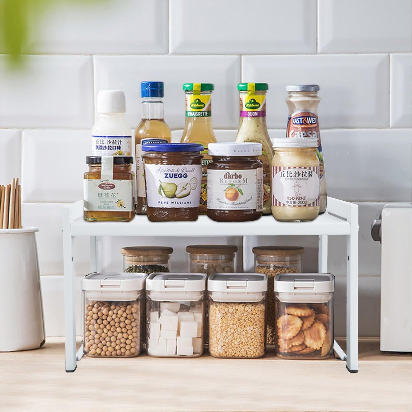 Goodsnetic 2 Packs Expandable Cabinet Shelf 13.8~26"(L), Stackable Kitchen Counter Shelf Organizer, 33LBS Heavy Duty Shelf Riser, Countertop Storage