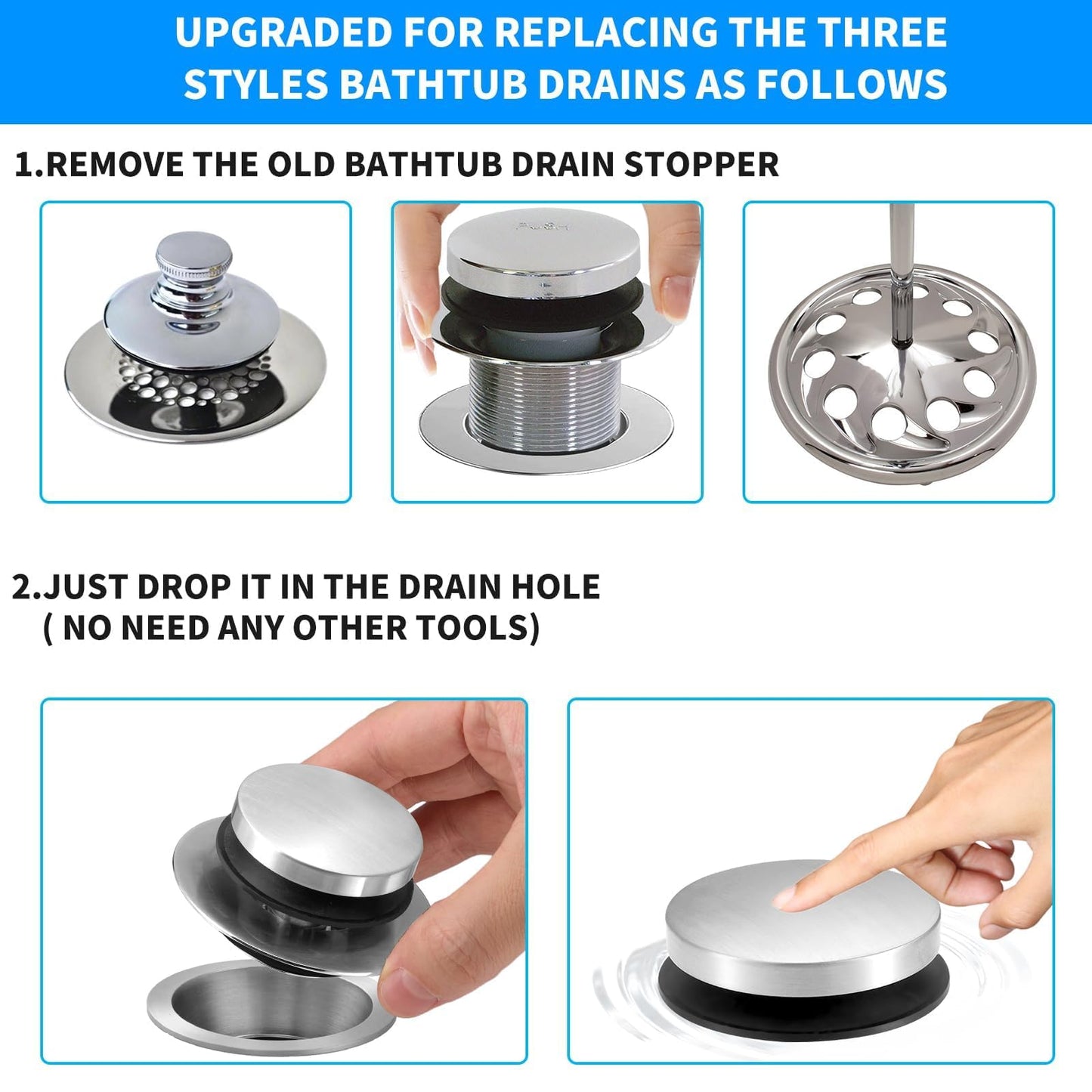 Bathtub Drain Stopper, Universal Tub Stopper for Replacing Tip Toe/Trip Lever/Lift&Turn Tub Drain