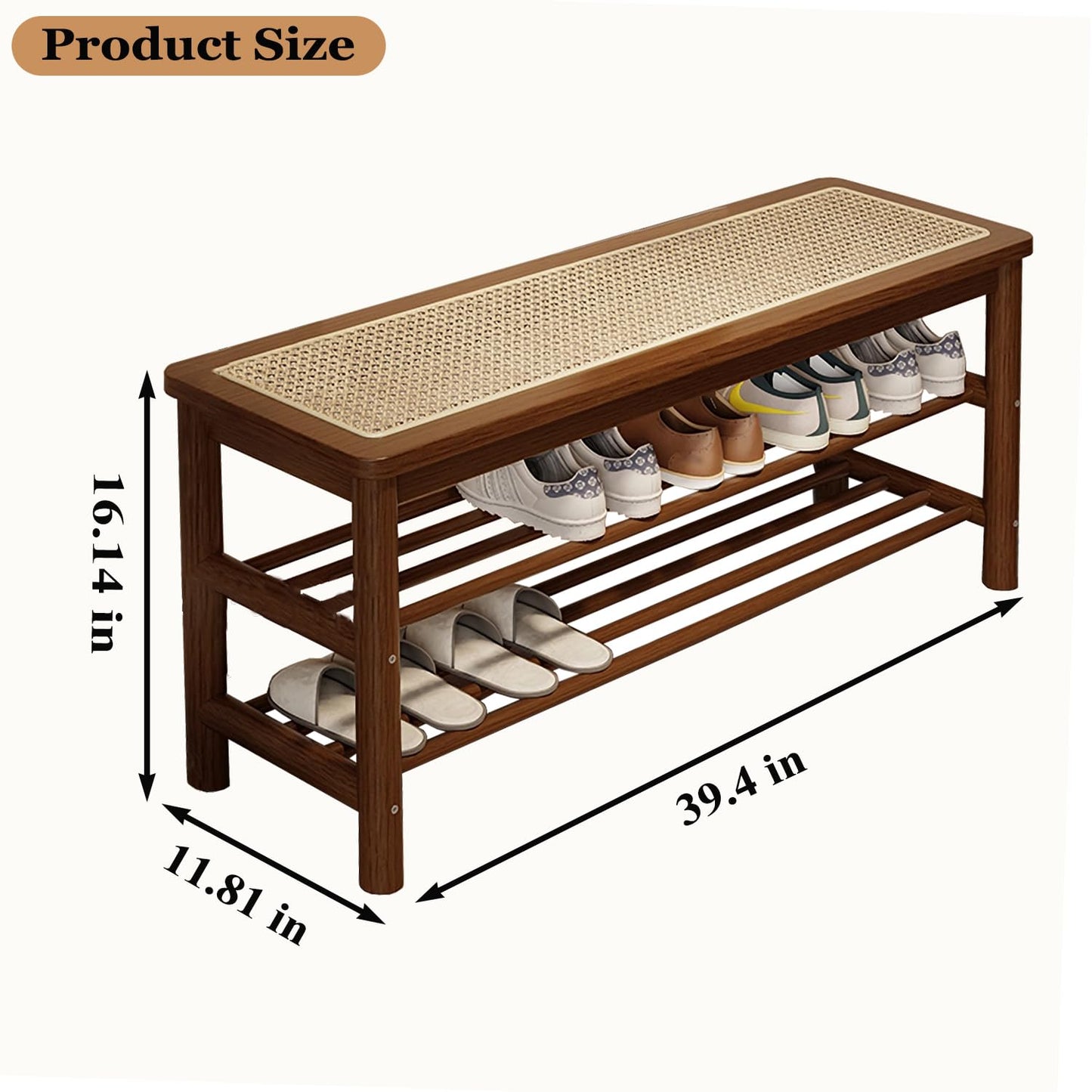 SOBIBO Bamboo Shoe Rack Bench with Rattan Seat, 3-Tier Shoe Storage Bench, Entryway Bench for Hallway,Walnut 39.4 inches