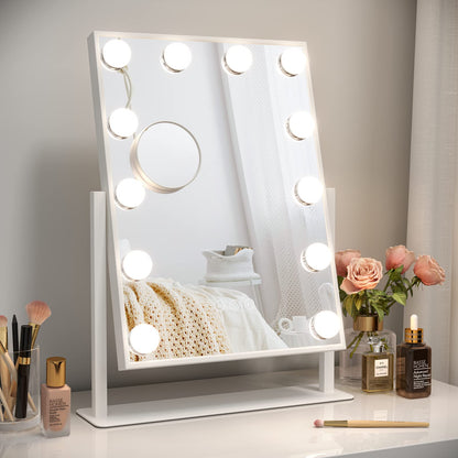 Dripex Hollywood LED Vanity Mirror, 36.5 x 47 cm Lighted Makeup Mirror with 12 Dimmable Bulbs, 360Rotation, 3 Color Lighting Modes, Touch Screen