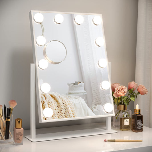Dripex Hollywood LED Vanity Mirror, 36.5 x 47 cm Lighted Makeup Mirror with 12 Dimmable Bulbs, 360Rotation, 3 Color Lighting Modes, Touch Screen