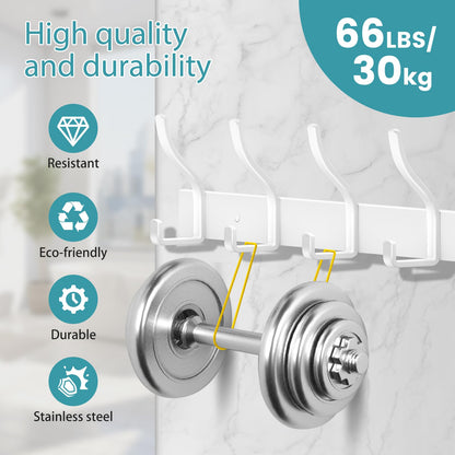 MEIJO Coat Hooks Wall Mounted Stainless Steel, White Coat Rack Wall Mounted with 4 Hooks Heavy Duty Coat Hooks for Door, Bathroom, Bedroom, Kitchen