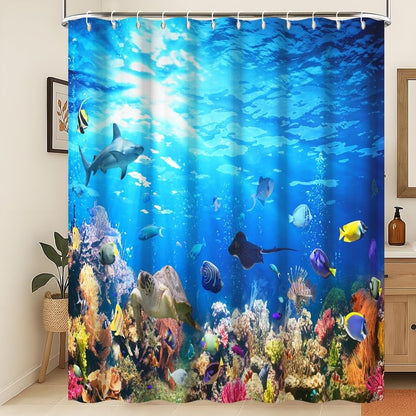 Xiaoterna Marine Life Shower Curtain 3D Under The Sea Ocean Animals Bathroom Curtain Ocean Underwater Fish Dolphin Turtle Shark Washable Shower