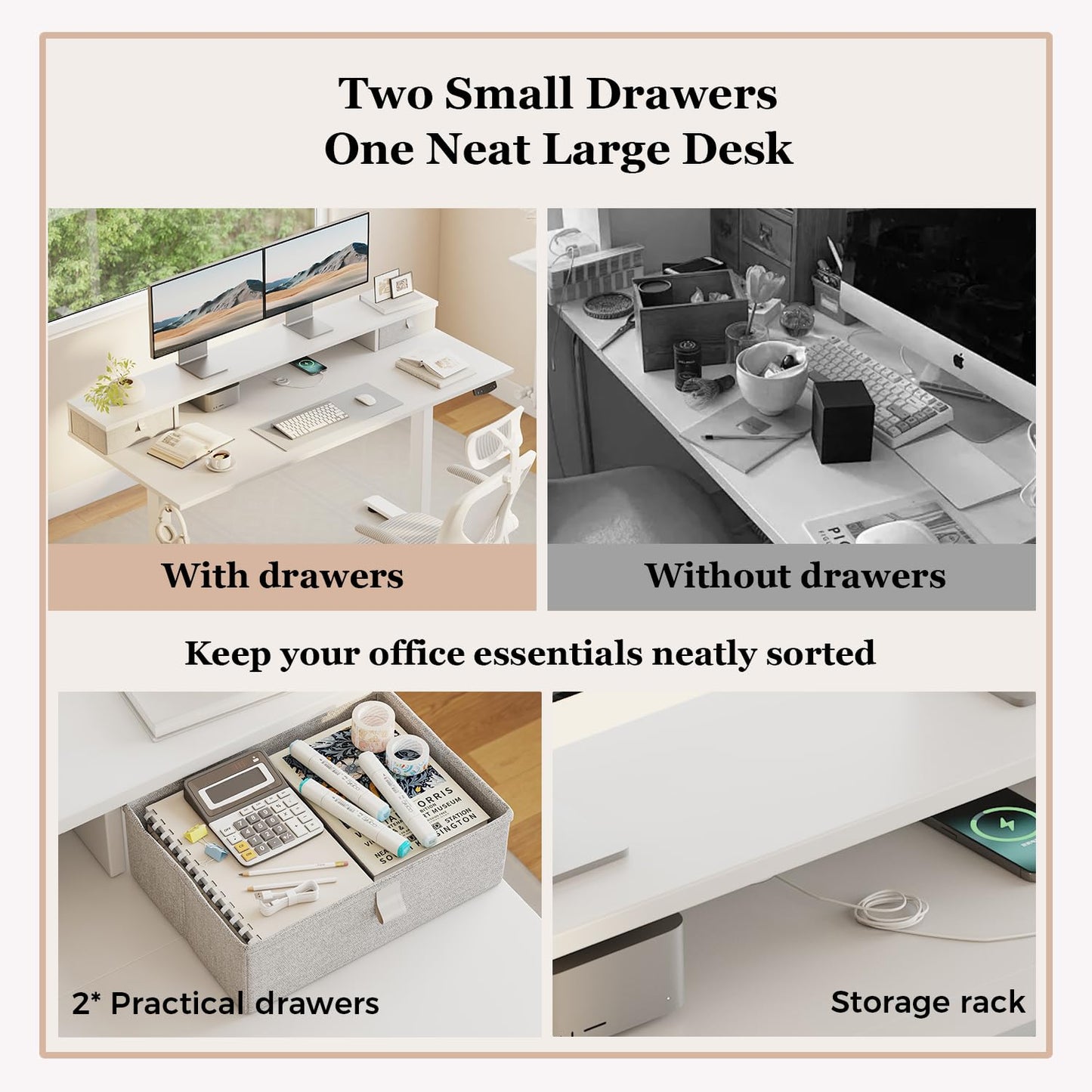 Klicelor Electric Height Adjustable Desk, with 2 Fabric Drawers, 120x60cm