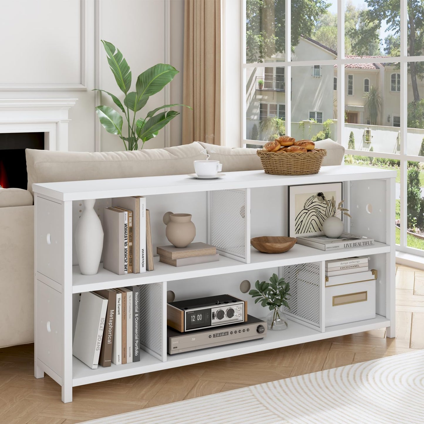 LVB White Horizontal Bookcase, Modern Bookshelf Cube Storage Organizer, Farmhouse Wide Large Wood Metal Book Shelf