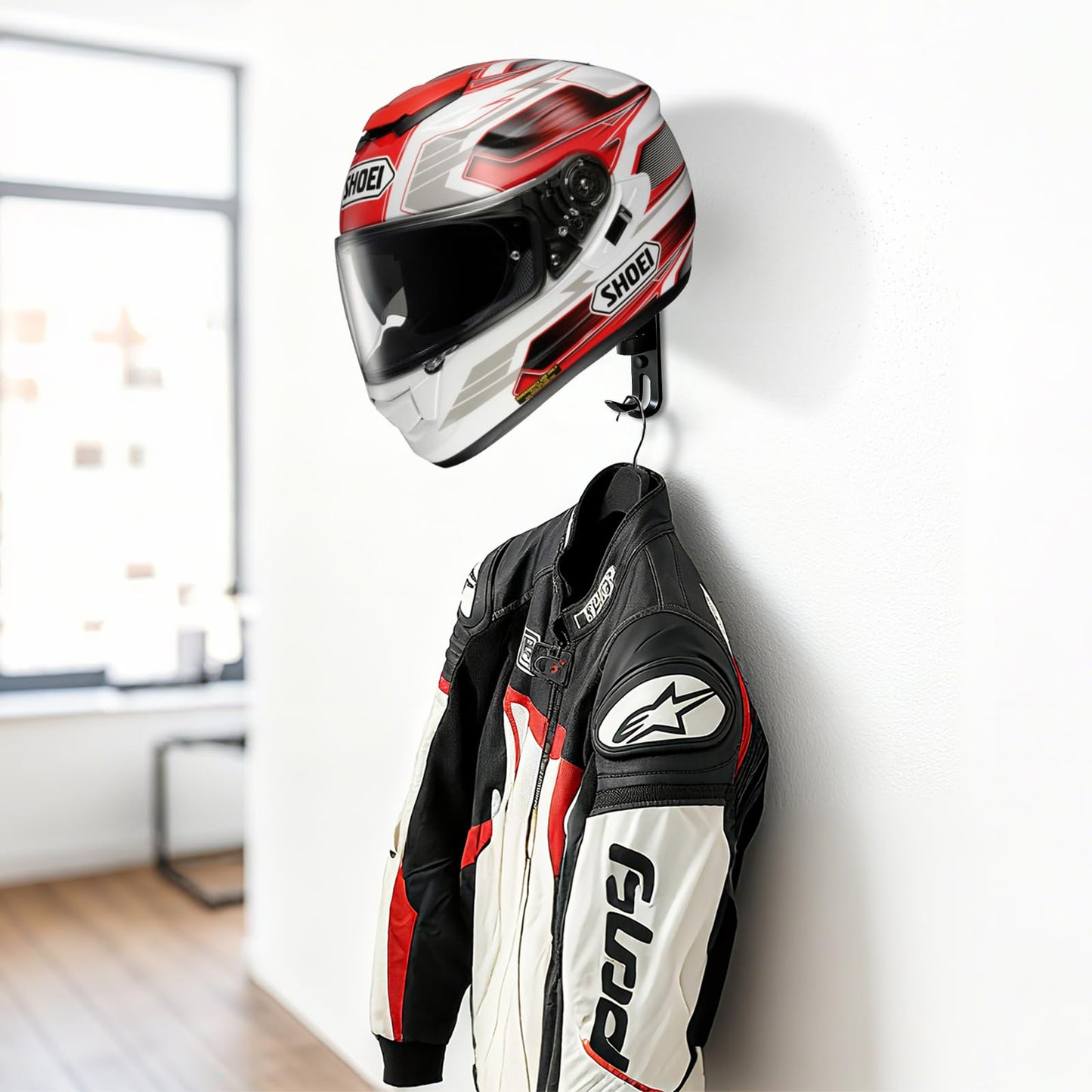 Griwuut 180° Motorcycle Helmet Rack Wall Mounted Rotatable Helmet Stand with 2 Hooks for Hard hat Handbag Coats Caps