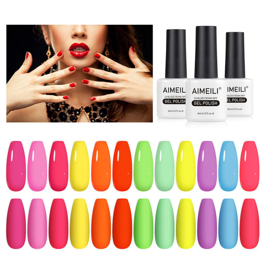 AIMEILI Neon Gel Nail Polish Set, 8ml 12 Colours Spring Summer Pink Red Orange Green Blue Purple Gel Polish Soak Off UV LED Gel Nail Polishes Nail Art