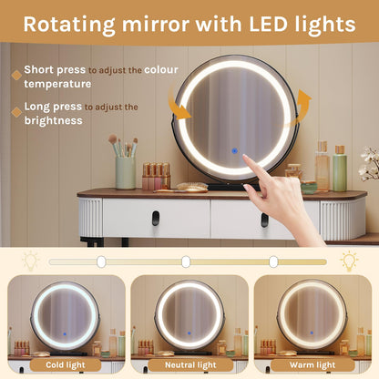 WOLTU Dressing Table, with Swivel Mirror, LED Lights 3-Colour Dimmable