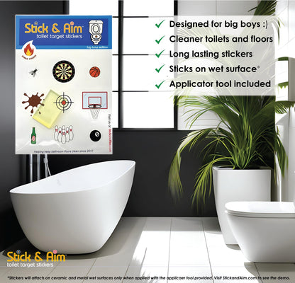 Toilet Target Stickers for Big Boys with Applicator Smoothing Tool for Easy Installation. Fun Toilet Target Aiming Stickers for Boys and Men