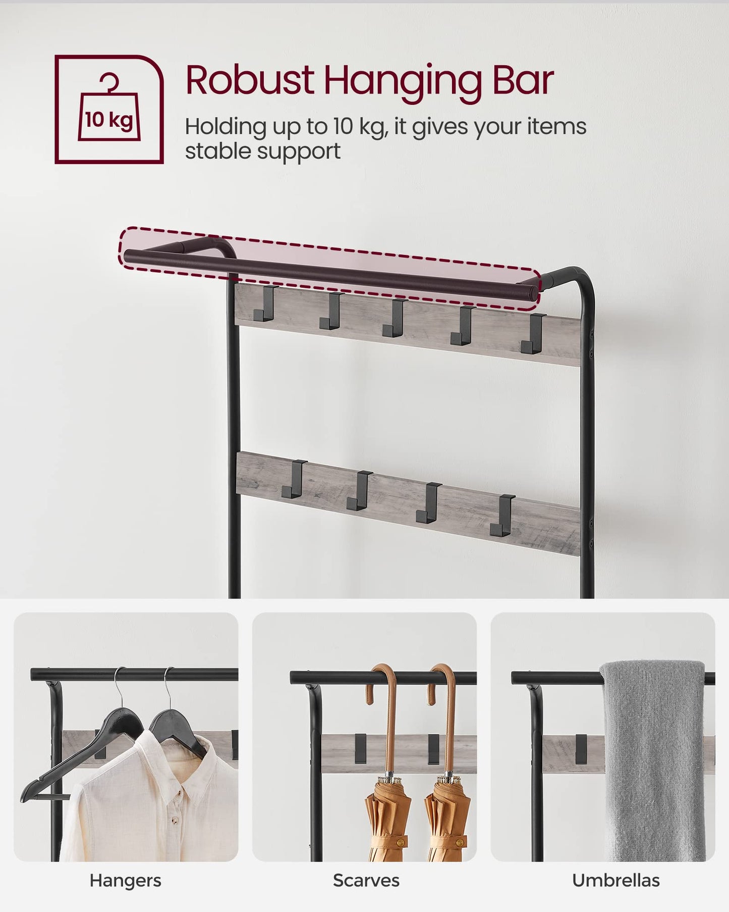 VASAGLE Coat Rack, Coat Stand with Shoe Storage Bench, 4-in-1 Design, with 9 Removable Hooks, a Clothes Rail, for Hallway, Entrance, 34 x 72 x 183 cm,