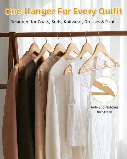 Hangerman Wooden Clothes Hangers - 20 Pack Solid Wood Coat Jacket Hangers with Non-Slip Trouser Bar and Notches, 360° Swivel Hook, Natural