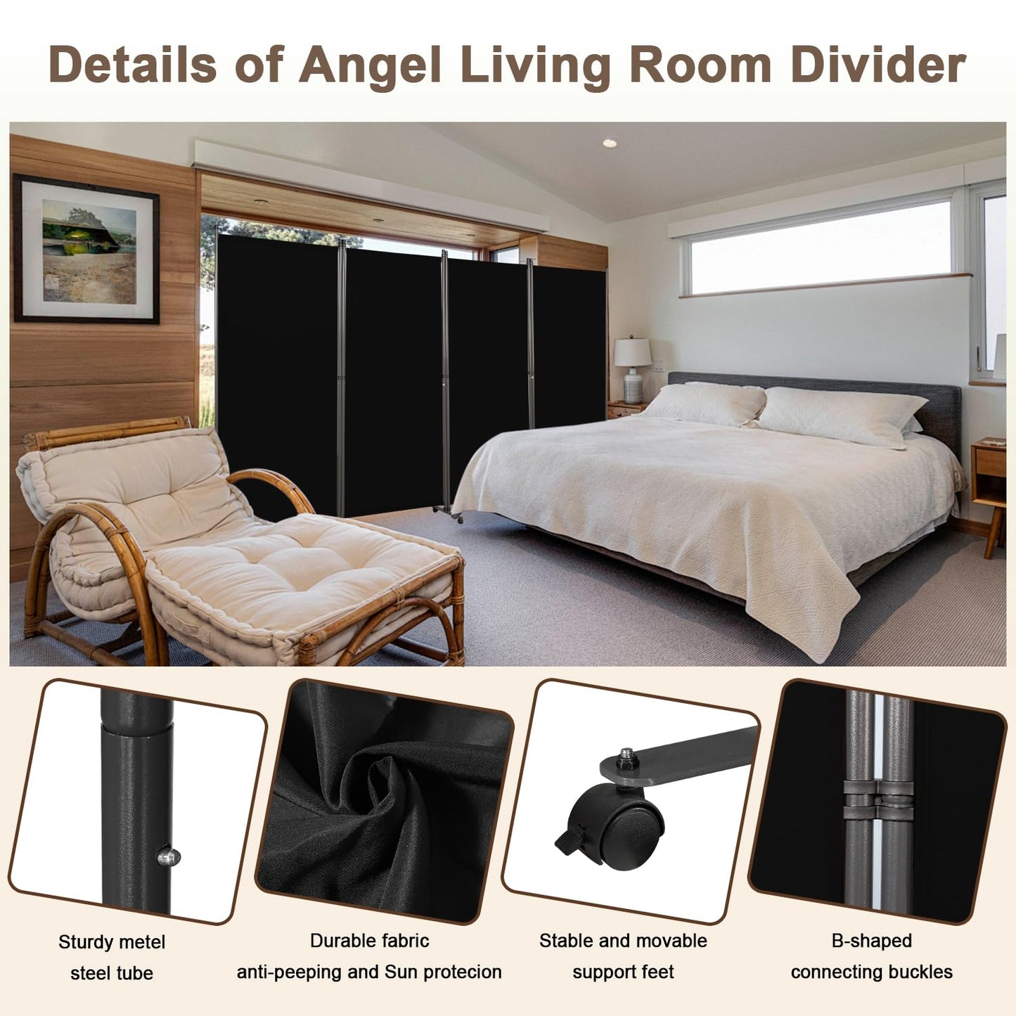 Angel Living 4 Panels Folding Room Divider, Privacy Screen Composed of Polyester Fabric and Sturdy Iron Frame