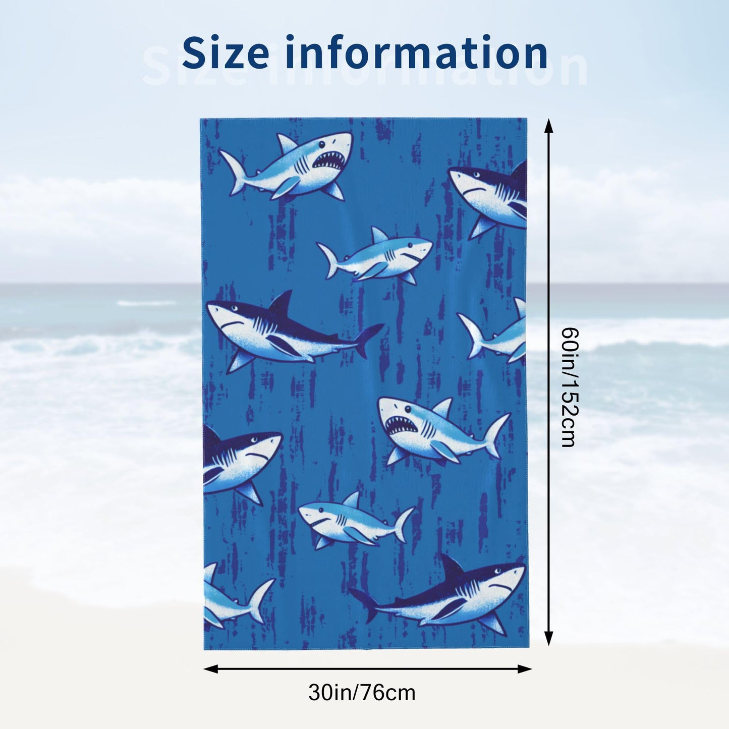 Gelasgo Shark Microfibre Beach Towel - 60"x30" Large Lightweight Soft Quick-Dry Towel for Adults, Ultra Absorbent & Dual-Sided Sand Free