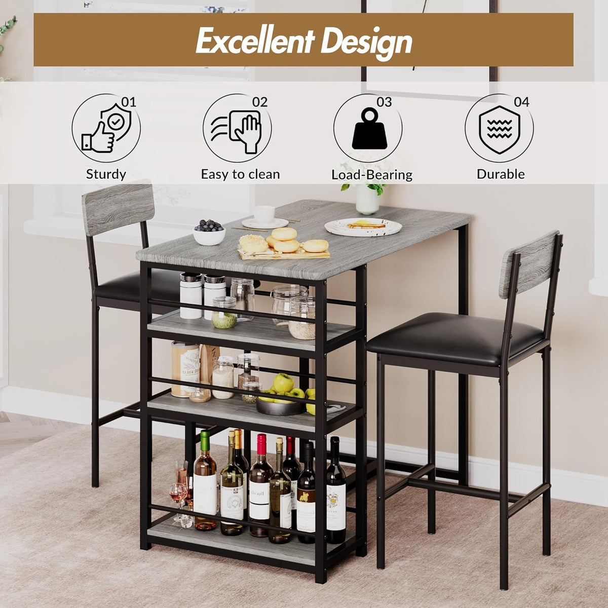 Crevyteg 3-Piece Breakfast Bar Set with 2 PU Leather Stools, Space-Saving Bar Table with 3-Tier Storage Shelf, High-Back Stools for Kitchen/Dining