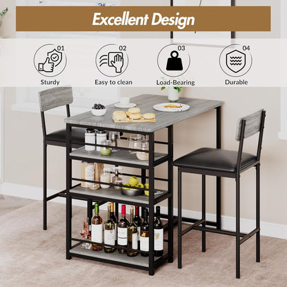 Crevyteg 3-Piece Breakfast Bar Set with 2 PU Leather Stools, Space-Saving Bar Table with 3-Tier Storage Shelf, High-Back Stools for Kitchen/Dining