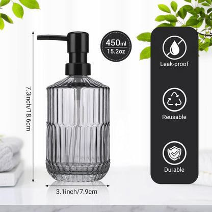 Segus Soap Dispenser Kitchen, 2 Pieces 450ml Glass Soap Dispenser Bottle with Pump, Refillable and Reusable, Empty Shampoo Bottles, Grey