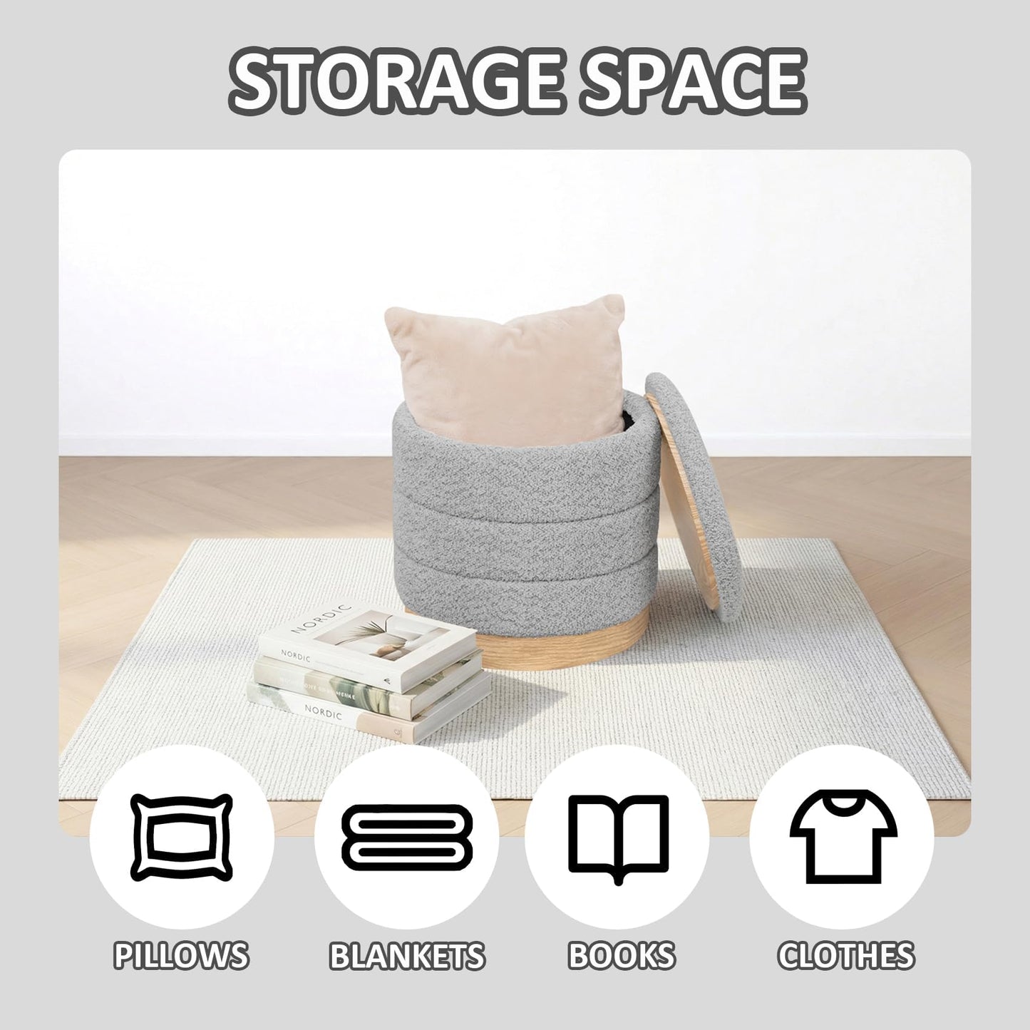 PINPLUS Round Chenille Storage Ottoman, Tray Top, 39x39x37 cm, Silver Grey