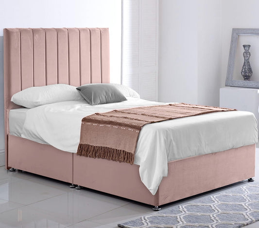 ComfoRest - Plush 3FT Stripe Single Divan Bed with Mattress | Sleek Velvet Frame with Grand 54" Headboard | NO Drawers, Premium Comfort for Modern