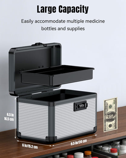 Uniclife Medicine Storage Box, 24 x 15.2 x 16.5 cm, Portable Medication Box with Combination Lock & Handle, Metal Lockable Medicine Box