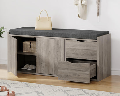 LVB 2-Tier Storage Bench with Padded Cushion, Entryway Shoe Bench with 2 Drawers, 2 Barn Doors & Adjustable Shelf, Industrial Style for Foyer