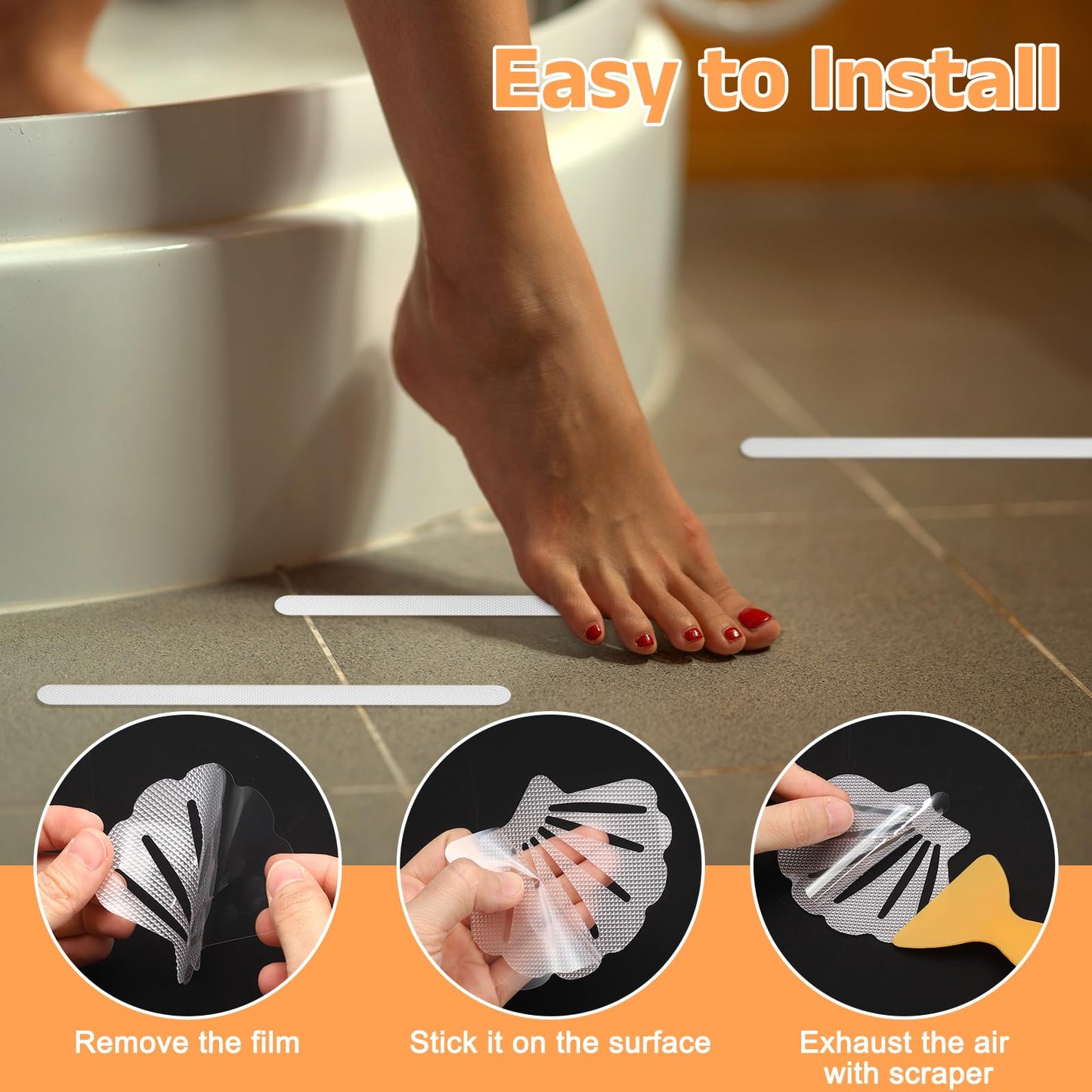 sourcing map 12pcs Non-Slip Bathtub Stickers, Anti-Slip Shower Stickers Showers Treads Strip Shaped Appliques with Scraper for Bath Tub Shower Stairs